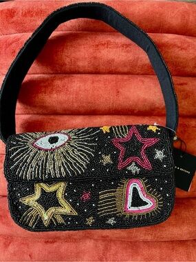 NWT America & Beyond Black Celestial Star, Eye & Heart Beaded Shoulder Bag